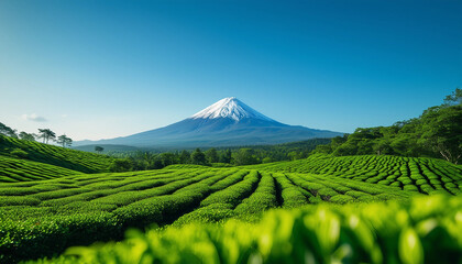 Obraz premium A breathtaking landscape with vast green tea fields in the foreground, gently sloping toward 