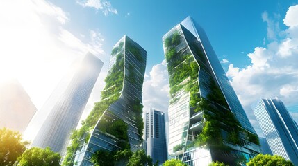 A futuristic skyline featuring sleek skyscrapers with greenery integrated into the architecture, under a bright blue sky