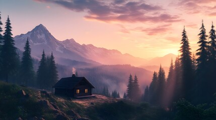 A tranquil mountain landscape at sunrise, with a cozy cabin in the foreground and pine trees surrounding it
