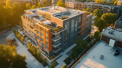 Obraz premium Aerial real estate photography of a modern urban apartment complex, showing rooftop amenities and surrounding cityscape