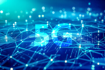 Global 5G technology digital blue glowing background.