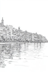 Piraeus, Greece, black and white pen pencil hand-drawn effect portrait drawing illustration for travel poster, card, wallpaper, backdrop or banner. Modern, clear, artistic and simple