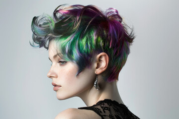 Naklejka premium A woman with a short green and purple hair style