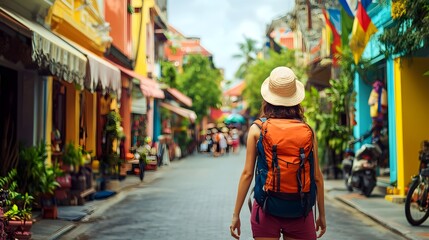 A backpacker exploring a vibrant city street filled with colorful buildings and local shops, with a light solid color background