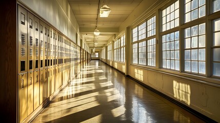 An empty high school hallway with lockers lining the walls, illuminated by natural light streaming through windows