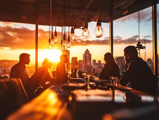 Group of friends enjoying a sunset view in a modern bar, creating memorable moments against a city skyline.