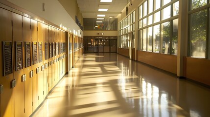An empty high school hallway with lockers lining the walls, illuminated by natural light streaming through windows