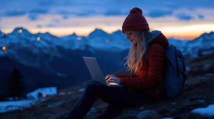 person working on laptop in the mountains