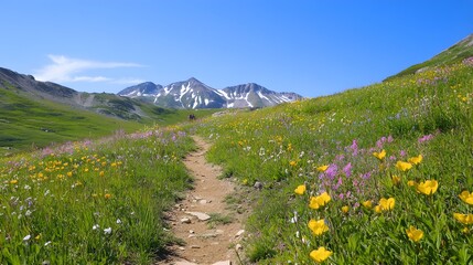 A scenic mountain trail with vibrant wildflowers and a clear blue sky in the background, inviting hikers to explore