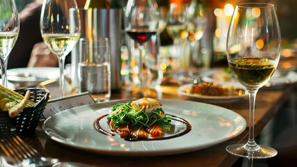 Elegant dining experience featuring gourmet cuisine and fine wine at a luxury restaurant in the evening setting