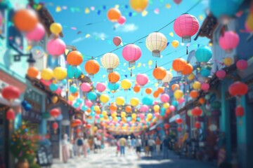 A vibrant street decorated with colorful lanterns during a festive celebration, with a cheerful atmosphere under a bright blue sky.