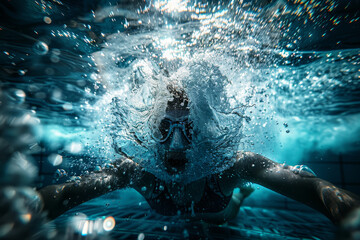 Fototapeta premium A person is swimming underwater with their face in the water