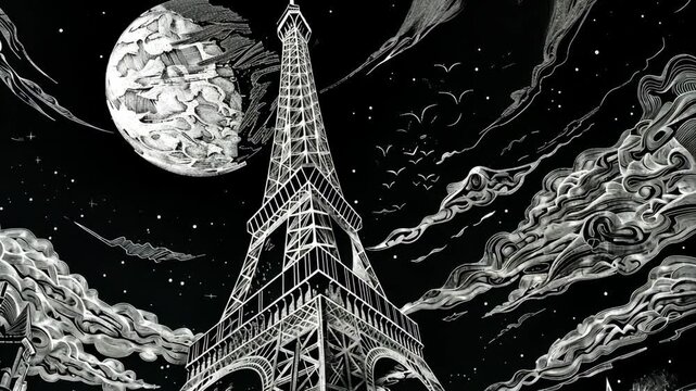 Eiffel Tower illustration with a dramatic night sky, featuring a full moon and swirling clouds over Paris