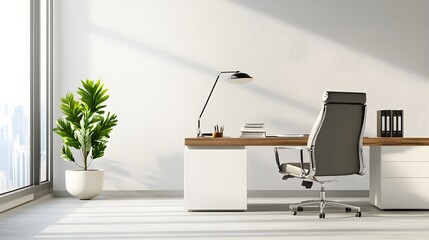 An inviting office setting with a large window allowing natural light, showcasing a comfortable chair and organized desk space, with a light solid color backdrop