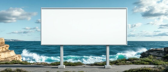 A blank advertising billboard stands by the coastline, ready for creativity against a vibrant sea backdrop.