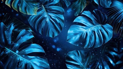 Collection of tropical leaves in cool blue tones over a cosmic backdrop