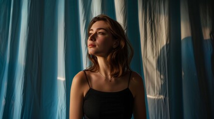Obraz premium portrait of beautiful woman with blue curtain type background