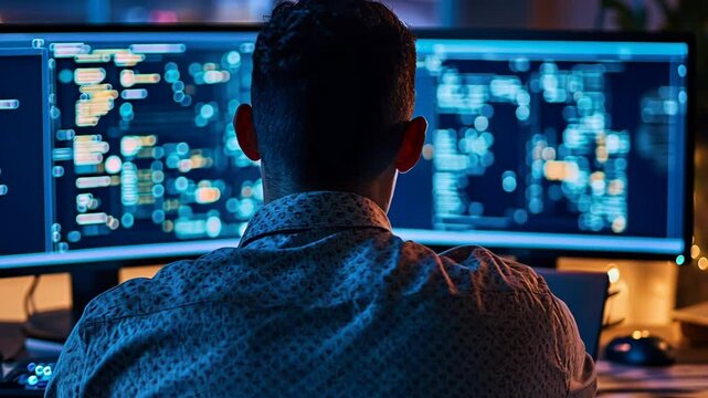 Late night coding session at a tech office with dual monitors displaying complex programming tasks