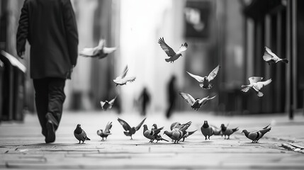 Obraz premium A group of pigeons flying off a sidewalk as a pedestrian walks by, shot in crisp monochrome pigeons, urban, street photography, monochrome
