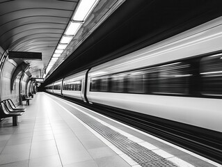 A subway train speeding past an empty platform, motion blur in black and white capturing the energy of the city subway train, urban, street photography monochrome