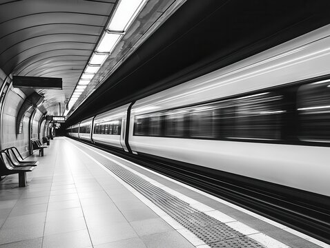 Fototapeta A subway train speeding past an empty platform, motion blur in black and white capturing the energy of the city subway train, urban, street photography monochrome