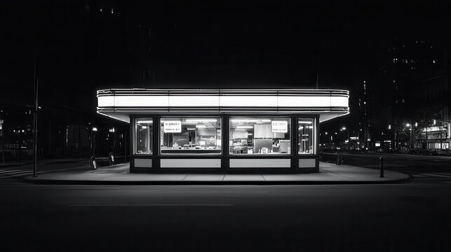 A street corner with an old diner sign illuminated by neon lights, casting moody shadows in black and white diner sign, urban, monochrome night