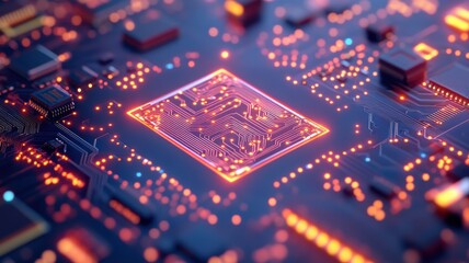 Close-up view of a glowing microchip on a circuit board, showcasing technology and innovation in digital electronics.