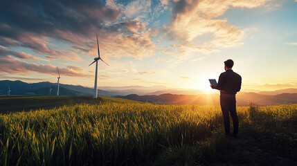 Male engineer plans on tablet in wind farm