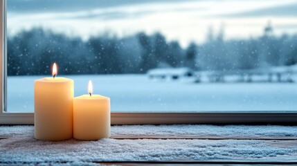 Burning Candles on Snowy Windowsill with Winter Landscape View