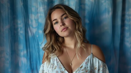 Fototapeta premium portrait of beautiful woman with blue curtain type background