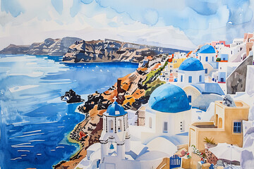 Obraz premium A painting of a blue and white village with a blue dome on top of a building
