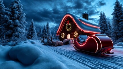 Santa s Sleigh in the Snow at Night