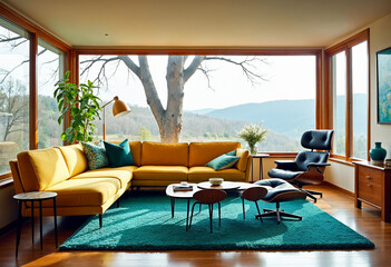 Fototapeta premium Bright mid century modern living room interior with yellow sectional sofa and nature view wood floor rug plants and large windows interior design trends