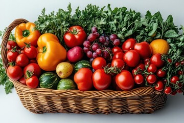 vibrant farmers market display overflowing wicker basket with fresh organic produce vivid colors and textures against crisp white background
