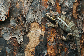 A lizard is laying on a tree trunk