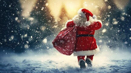 Santa dashing through snowfall with a huge gift bag, calligraphic Merry Christmas text