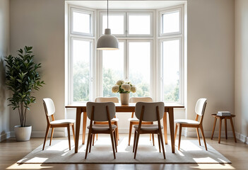 Modern dining room interior with wooden furniture large windows and natural light