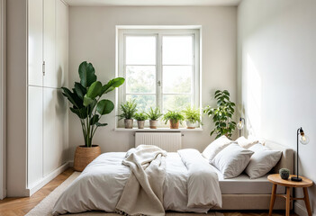 Minimalist bedroom interior design white bedding plants and window natural light cozy home decor apartment therapy urban jungle houseplant trend
