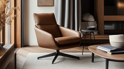 Modern, cozy living room with a brown leather chair, side table, and books. Soft lighting and contemporary decor for a stylish interior.