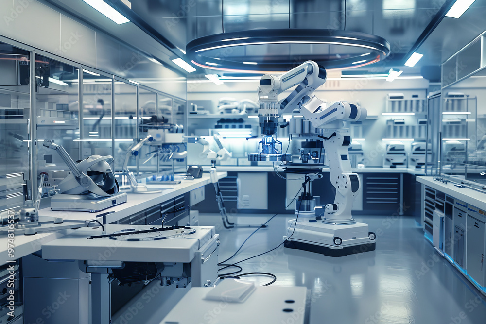 Wall mural a robot is in a lab with a white background