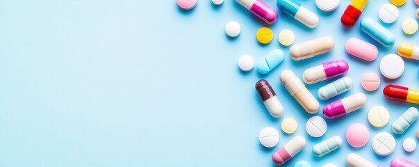 Colorful assortment of pills and capsules on a light blue background, ideal for health, medicine, and pharmaceutical themes.
