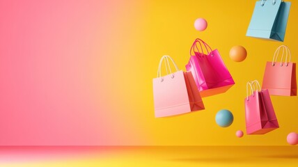 Colorful shopping bags float against a vibrant backdrop, capturing the essence of retail excitement and consumer fun.