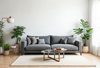 Modern Minimalist Living Room Interior With Gray Sofa Plants And White Wall Background Home Decor