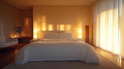 Cozy Minimalist Bedroom with White Bedding and Soft Lighting