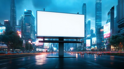 A large empty billboard in a bustling cityscape at dusk, perfect for advertising or promotional content in a modern urban environment.