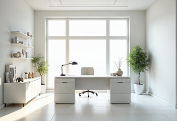 Fototapeta premium Modern minimalist home office interior design with white furniture large window and indoor plants