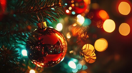 Blurred shiny lights illuminating baubles on a Christmas tree