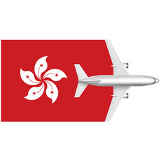 Hong Kong Flight: A sleek airplane takes flight over the red and white flag of Hong Kong, symbolizing travel, adventure, and exploration.  
