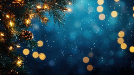 Festive garland with soft, glowing bokeh lights against a deep blue backdrop