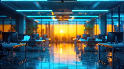 Fototapeta premium Modern neon cyberpunk open space office interior blurred with information technology overlay. Corporate strategy for finance, operations, marketing. Tables with computers for work